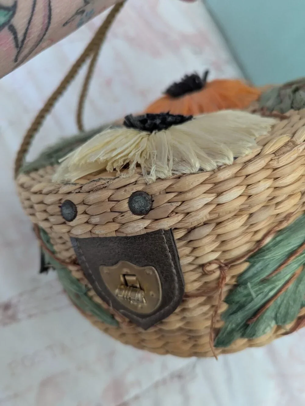 Vintage Floral Wicker And Straw Purse By Ponces Creations Philippines, 50's-60's - Picture 11 of 15